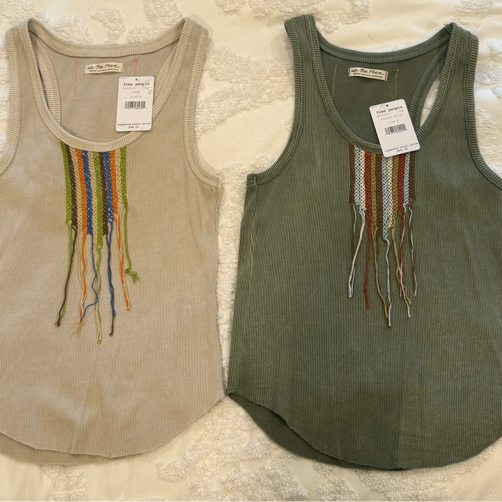 Free People Green and Tan Ribbed Embellished Tank Tops (2)